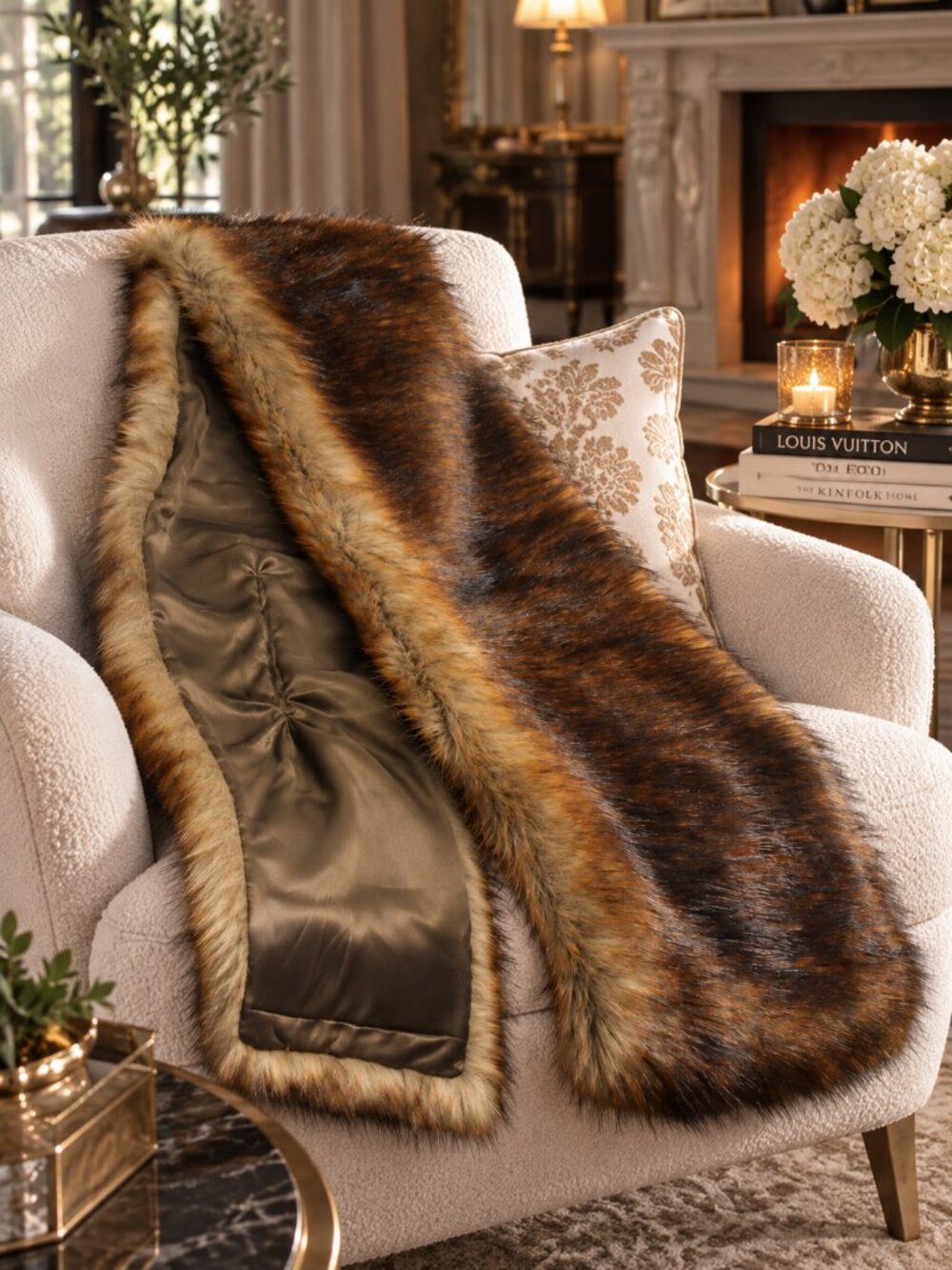 Vintage Faux Fur Long Scarf Luxe Faux Stole Brown Sable